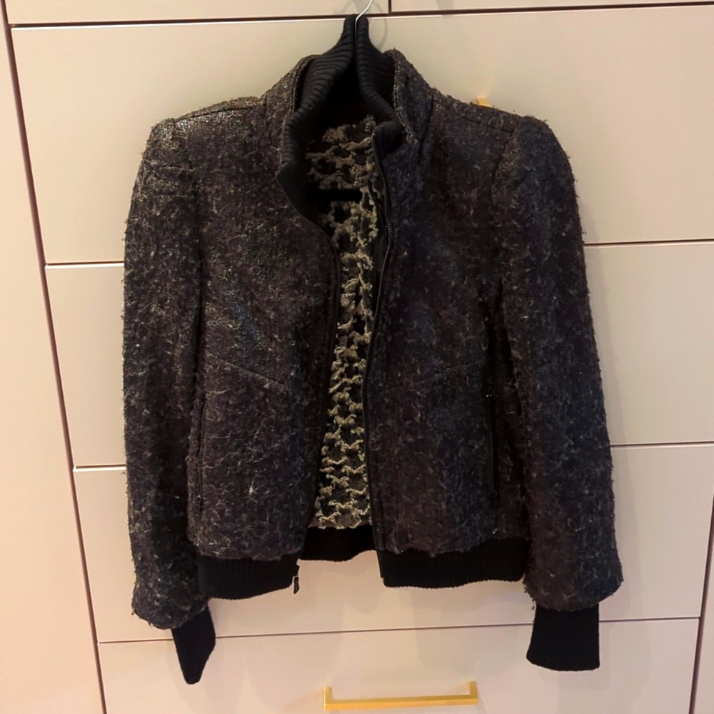 Alice + Olivia Metallic Black Wool Bomber Jacket Sz XS